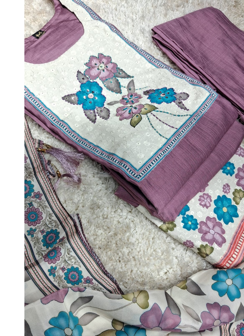 Dusty Mauve & Teal Floral Batik-Print Suit Set with Embroidered Yoke 1