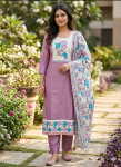 Dusty Mauve & Teal Floral Batik-Print Suit Set with Embroidered Yoke