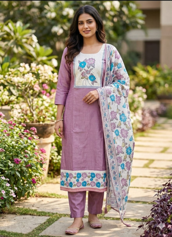 Dusty Mauve & Teal Floral Batik-Print Suit Set with Embroidered Yoke