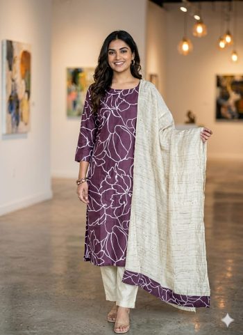 Elegant Floral Printed Cotton Straight Kurta Set with Tussar Silk Dupatta