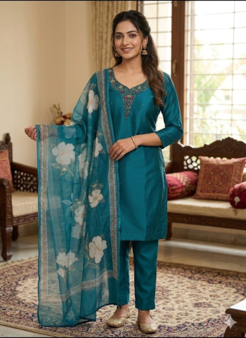 Viscose Roman Silk Embroidered Kurta Set for Women | Women's Ethnic Set |Kurta Pant Festive Suit