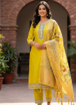 YELLOW WITH AJANDA GREEN EMBROIDERY KURTHI SET