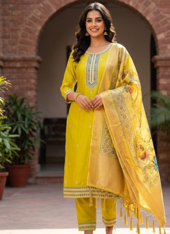 YELLOW WITH AJANDA GREEN EMBROIDERY KURTHI SET