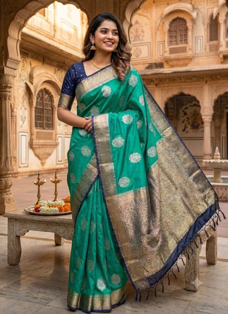 Banarasi Silk Saree Emerald Green Banarasi Silk Saree with gold zari work
