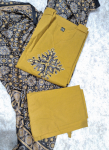 Embroidered Mustard Cotton Kurta Pant Set with a Printed Ajrakh Dupatta