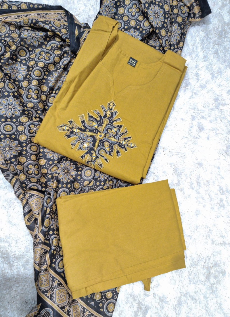 Embroidered Mustard Cotton Kurta Pant Set with a Printed Ajrakh Dupatta 1