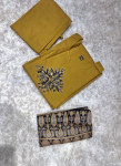 Embroidered Mustard Cotton Kurta Pant Set with a Printed Ajrakh Dupatta