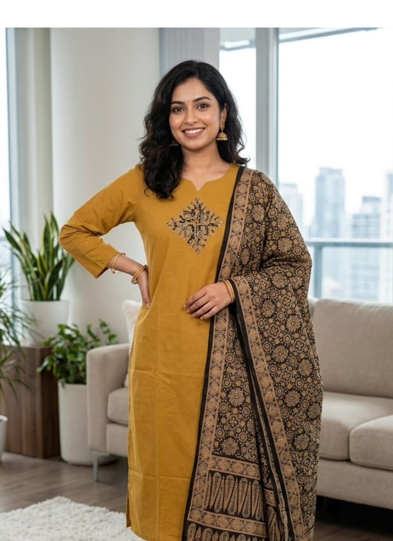 Embroidered Mustard Cotton Kurta Pant Set with a Printed Ajrakh Dupatta Embroidered Mustard Cotton Kurta Pant Set with a Printed Ajrakh Dupatta