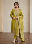 Libas Olive Green Embroidered Silk Blend Straight Suit Set with Dupatta