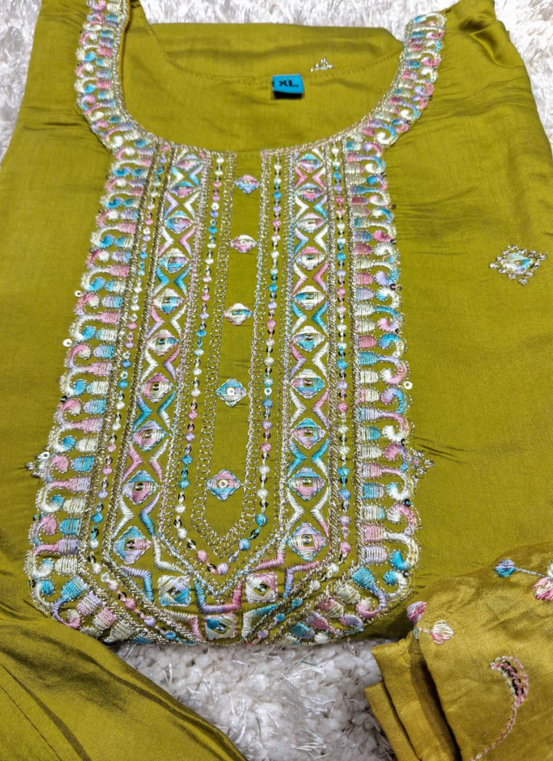 Libas Olive Green Embroidered Silk Blend Straight Suit Set with Dupatta 2