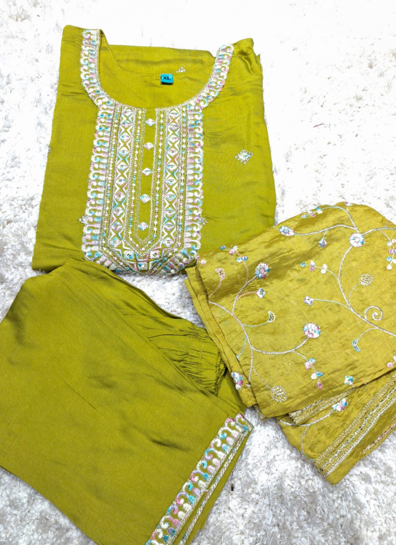 Libas Olive Green Embroidered Silk Blend Straight Suit Set with Dupatta 3