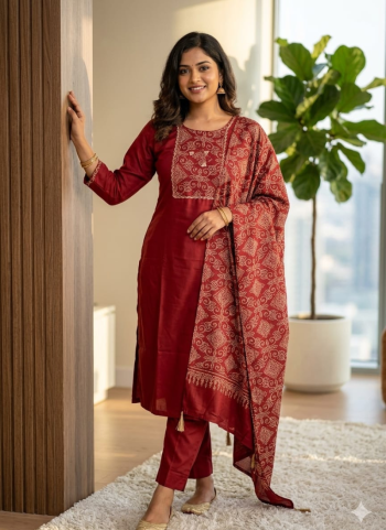Maroon Straight Kurta Pant Set with a Printed Dupatta