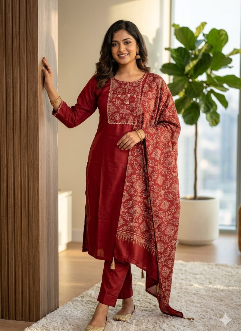 Maroon Straight Kurta Pant Set with a Printed Dupatta