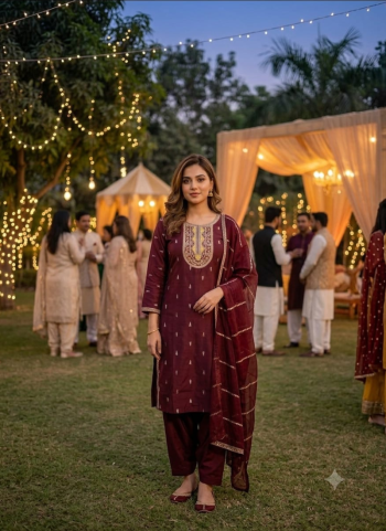 Maroon embroidered kurta pant set with dupatta