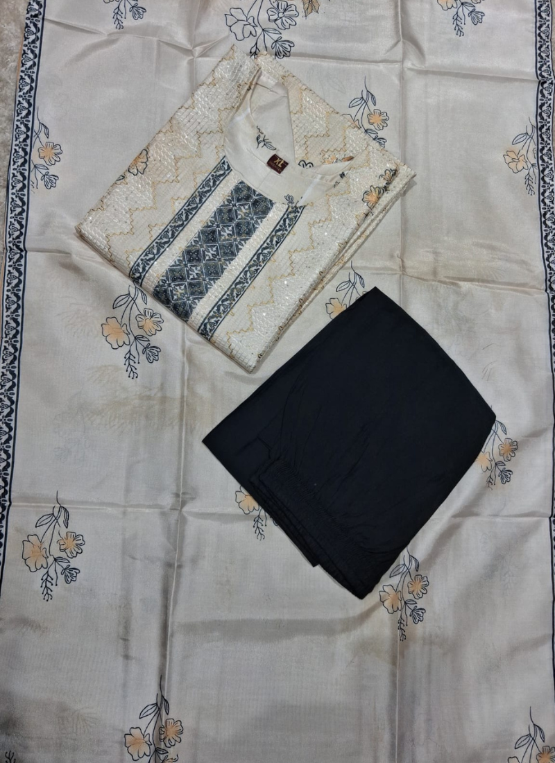 Off-White and Cream Floral Embroidered Kurta Pant Set with Dupatta 1