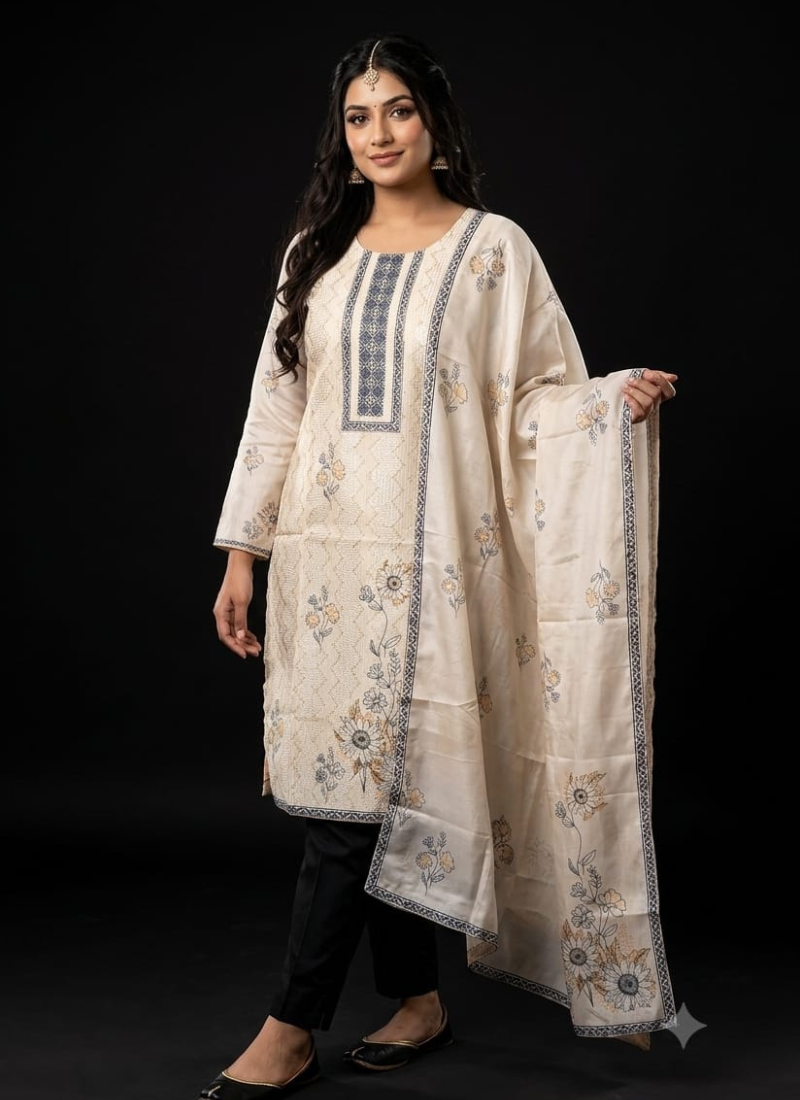 Off-White and Cream Floral Embroidered Kurta Pant Set with Dupatta Off-White and Cream Floral Embroidered Kurta Pant Set with Dupatta
