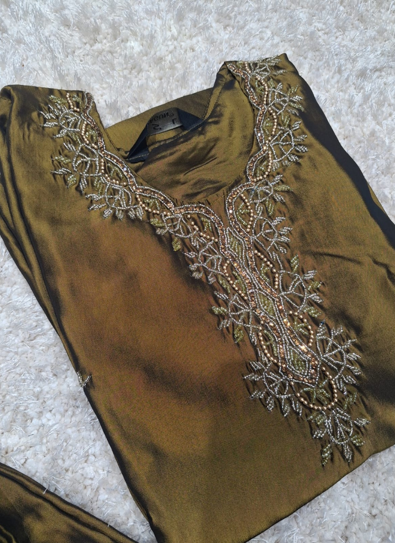 Olive Green Silk Salwar Suit Set with Banarasi Dupatta 1