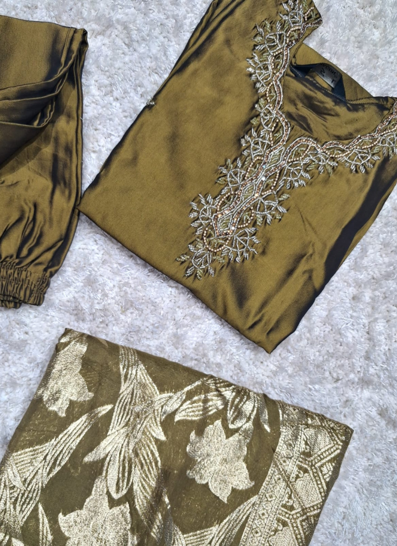 Olive Green Silk Salwar Suit Set with Banarasi Dupatta 2