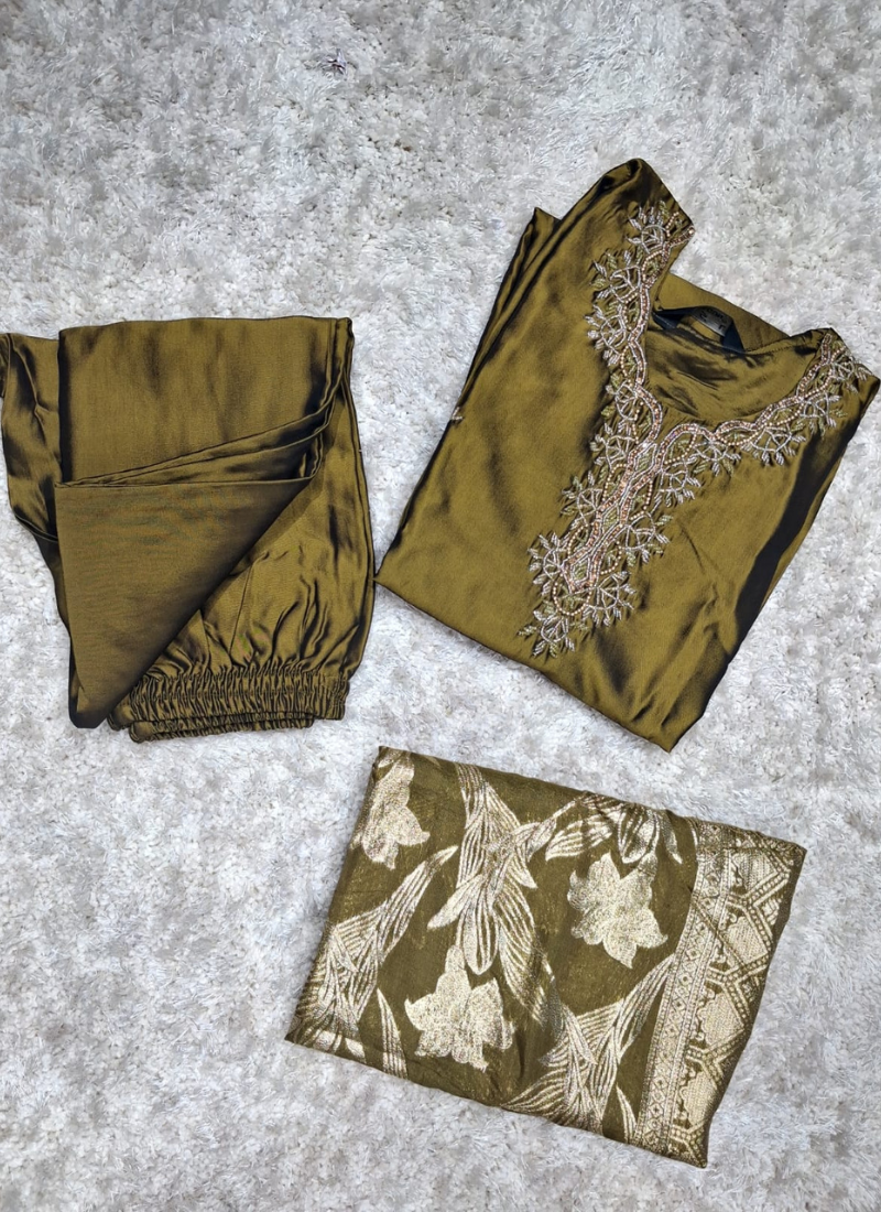 Olive Green Silk Salwar Suit Set with Banarasi Dupatta 3