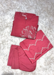 Red Cotton Linen Kurta Set with White Floral Appliqué & Beadwork