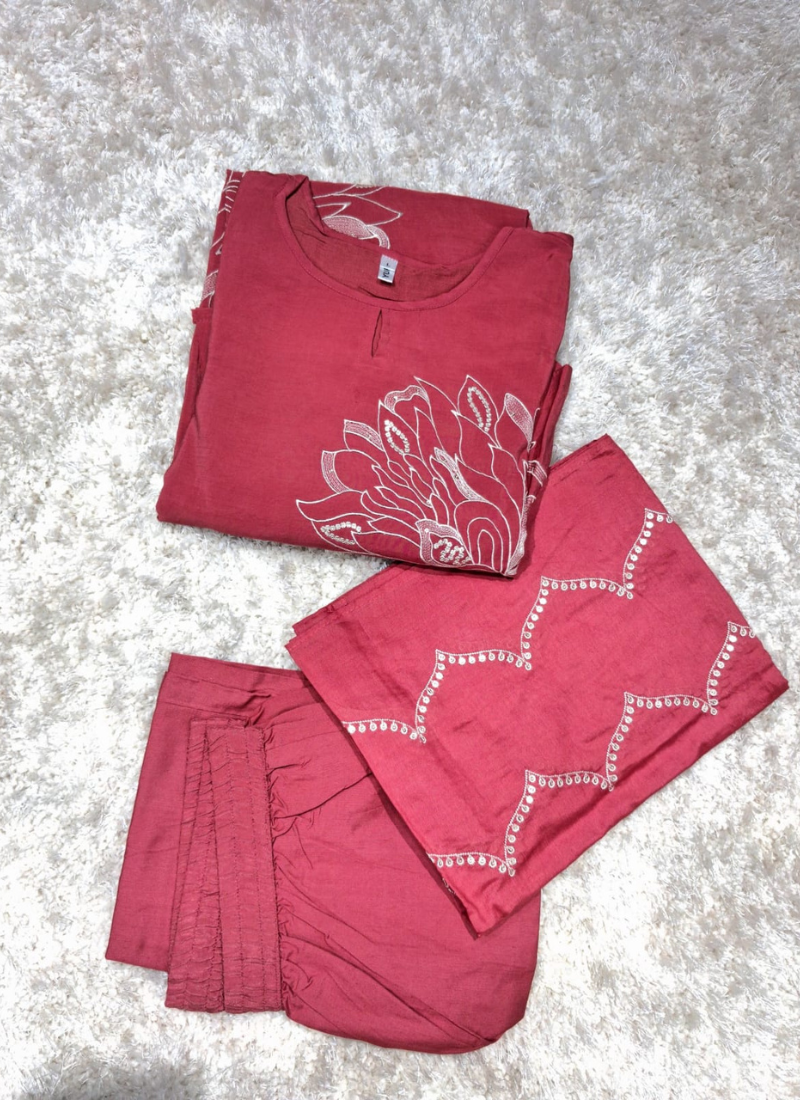 Red Cotton Linen Kurta Set with White Floral Appliqué & Beadwork 1