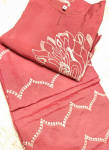Red Cotton Linen Kurta Set with White Floral Appliqué & Beadwork