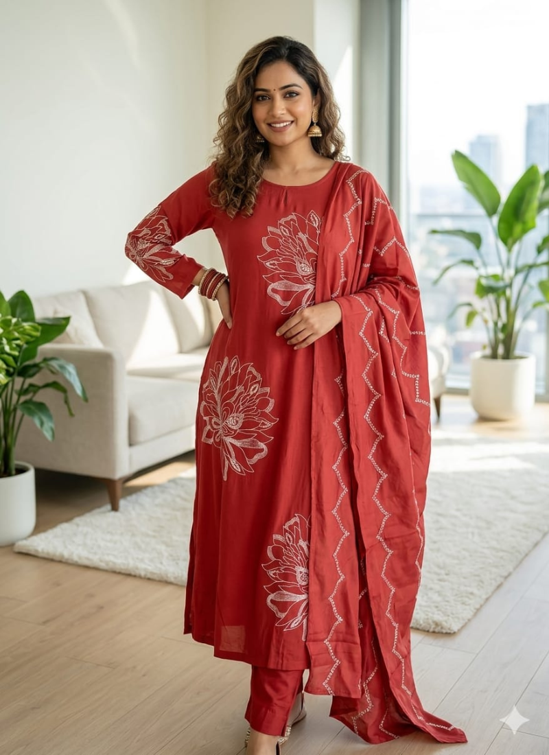 Red Cotton Linen Kurta Set with White Floral Appliqué & Beadwork Red Cotton Linen Kurta Set with White Floral Appliqué & Beadwork