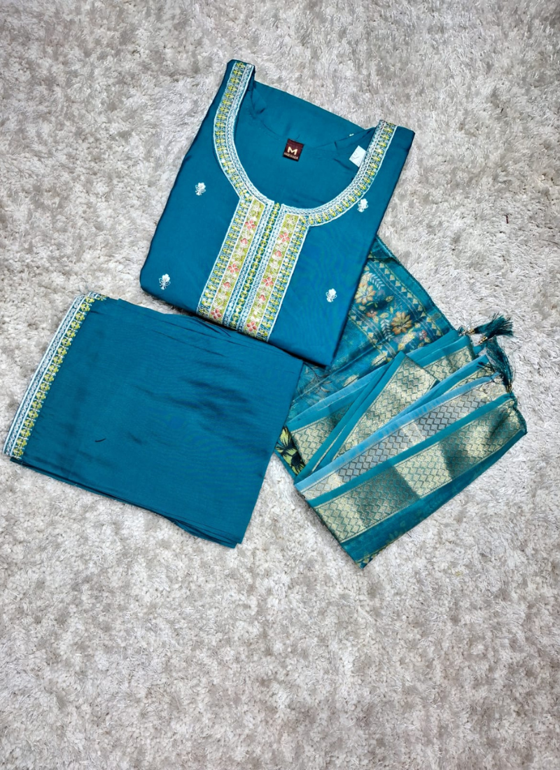 Teal Blue Embroidered Kurta Pant Set with Dupatta 1