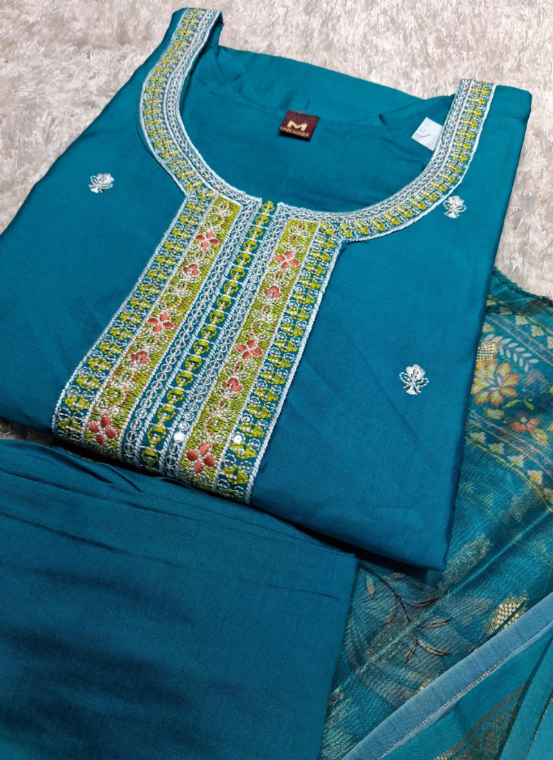 Teal Blue Embroidered Kurta Pant Set with Dupatta 2