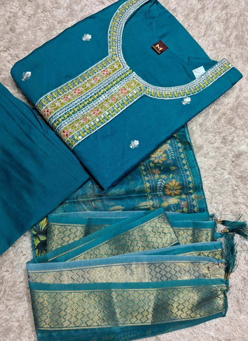 Teal Blue Embroidered Kurta Pant Set with Dupatta 3