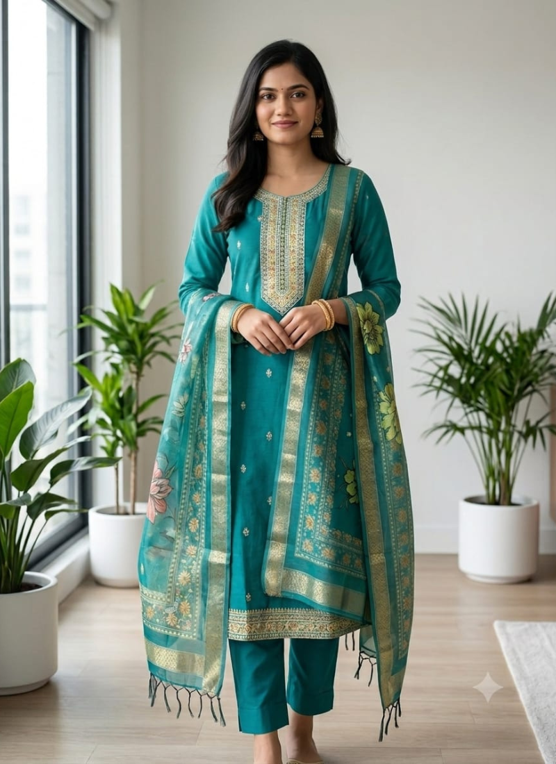 Teal Blue Embroidered Kurta Pant Set with Dupatta Teal Blue Embroidered Kurta Pant Set with Dupatta