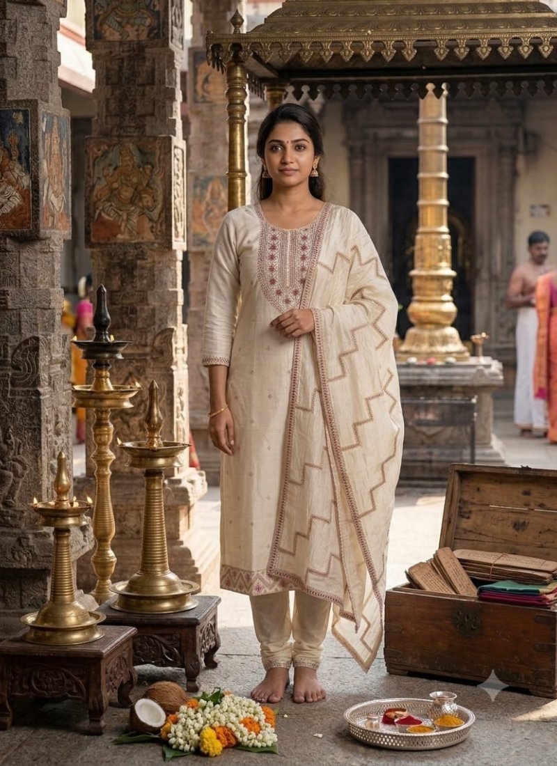 Traditional three-piece ivory embroidered salwar kameez set Traditional three-piece ivory embroidered salwar kameez set
