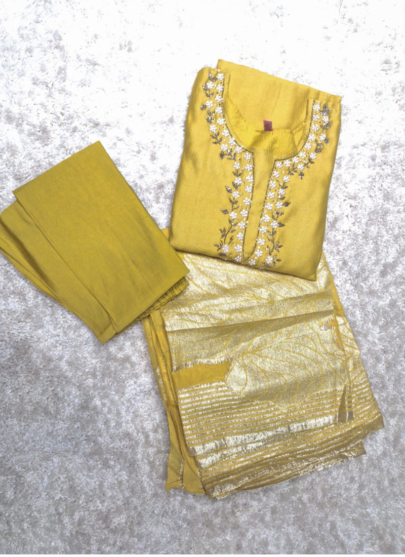 Women's Mustard Yellow Embroidered Silk Kurta Pant Set with a Matching Dupatta 1