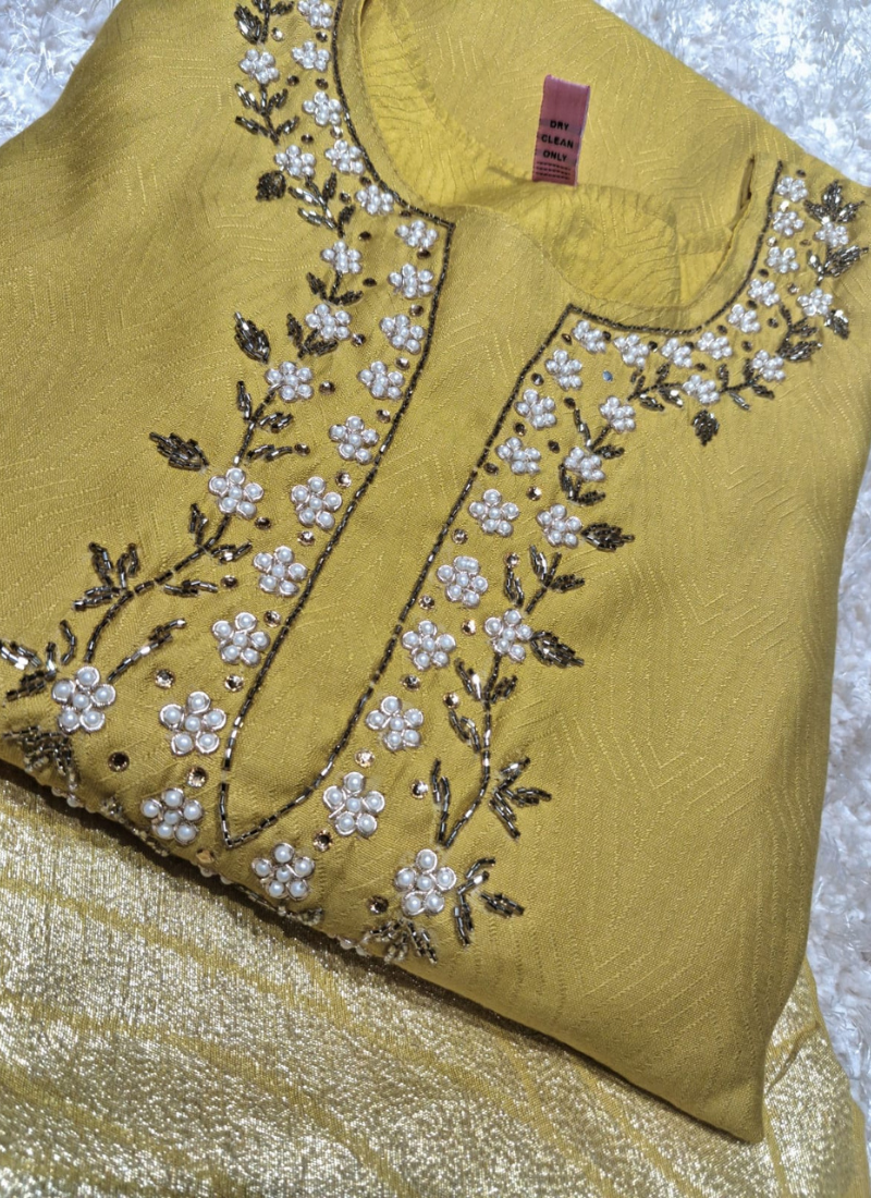 Women's Mustard Yellow Embroidered Silk Kurta Pant Set with a Matching Dupatta 2