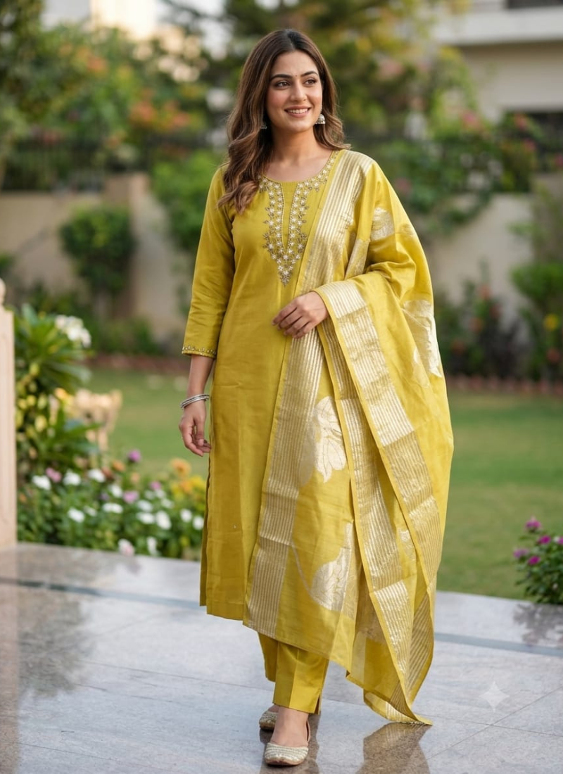 Women's Mustard Yellow Embroidered Silk Kurta Pant Set with a Matching Dupatta Women's Mustard Yellow Embroidered Silk Kurta Pant Set with a Matching Dupatta