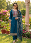 Zari-Embroidered Petrol Blue Straight Salwar Suit Set