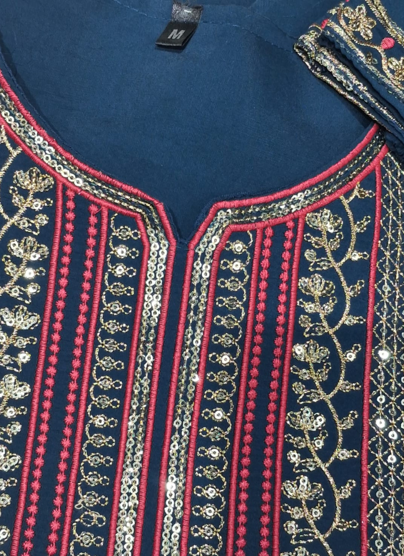 Zari-Embroidered Petrol Blue Straight Salwar Suit Set 2