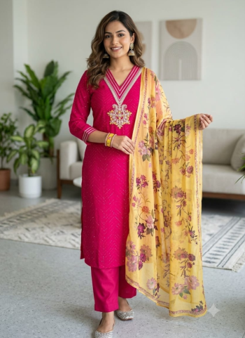 Embroidered Straight Kurta Pant Set with a Printed Floral Dupatta