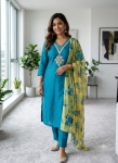 Embroidered Straight Kurta Pant Set with a Printed Floral Dupatta 1