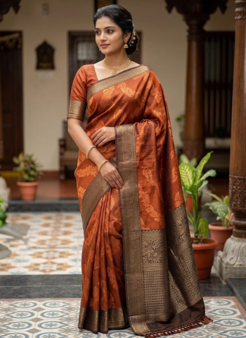 Rust Orange Soft Silk Kanchipuram Saree