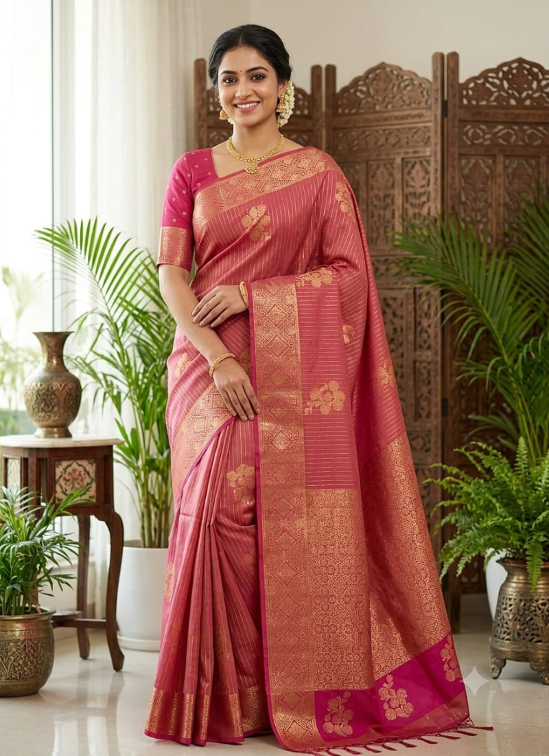 Teal Blue Banarasi Silk Saree with Purple Zari Border 1