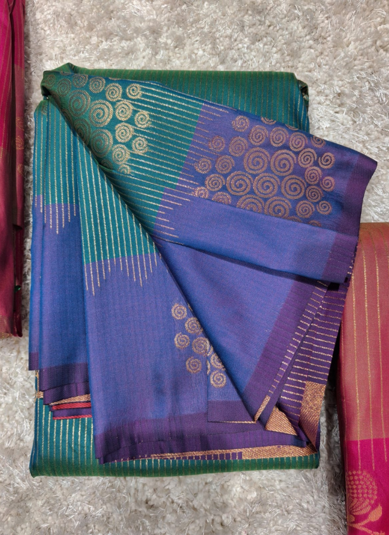 Teal Blue Banarasi Silk Saree with Purple Zari Border 3