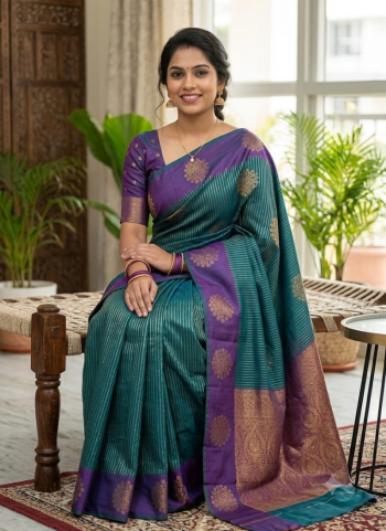 Teal Blue Banarasi Silk Saree with Purple Zari Border