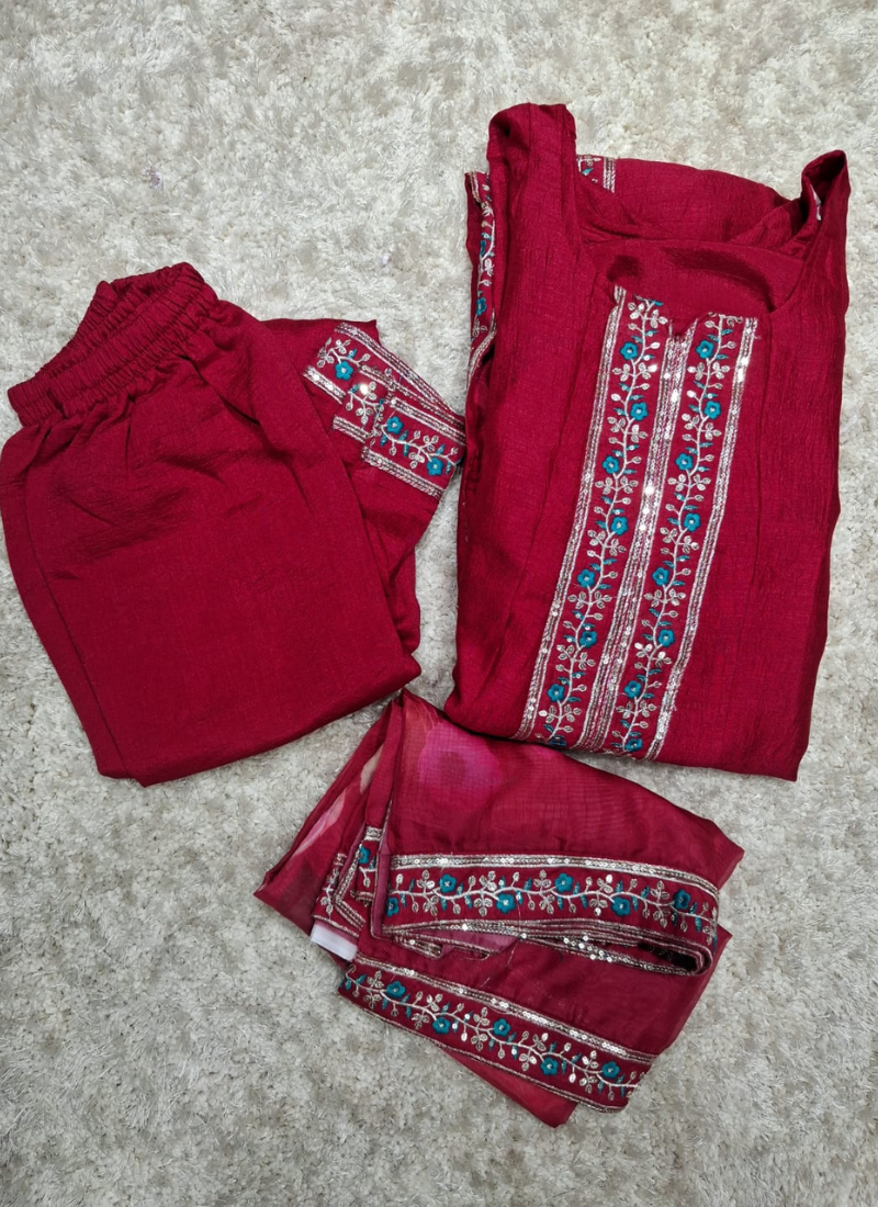 Elegant Embroidered Straight Kurta with Trousers and Dupatta Set 2