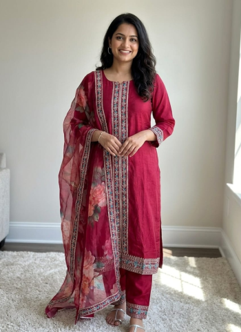 Elegant Embroidered Straight Kurta with Trousers and Dupatta Set