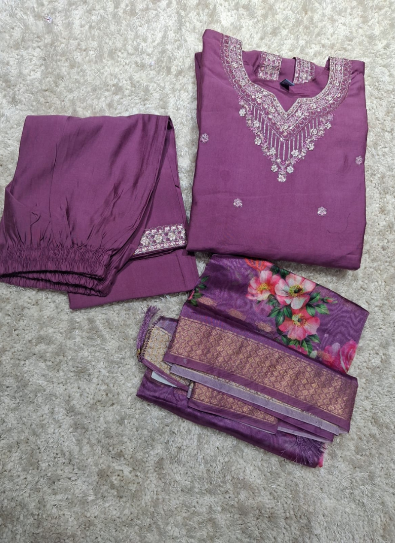 Mauve Purple Embroidered Silk Anarkali Suit Set 1