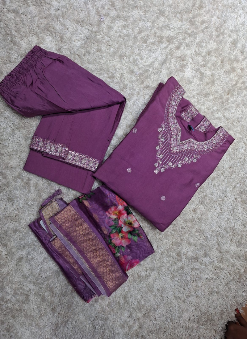 Mauve Purple Embroidered Silk Anarkali Suit Set 2