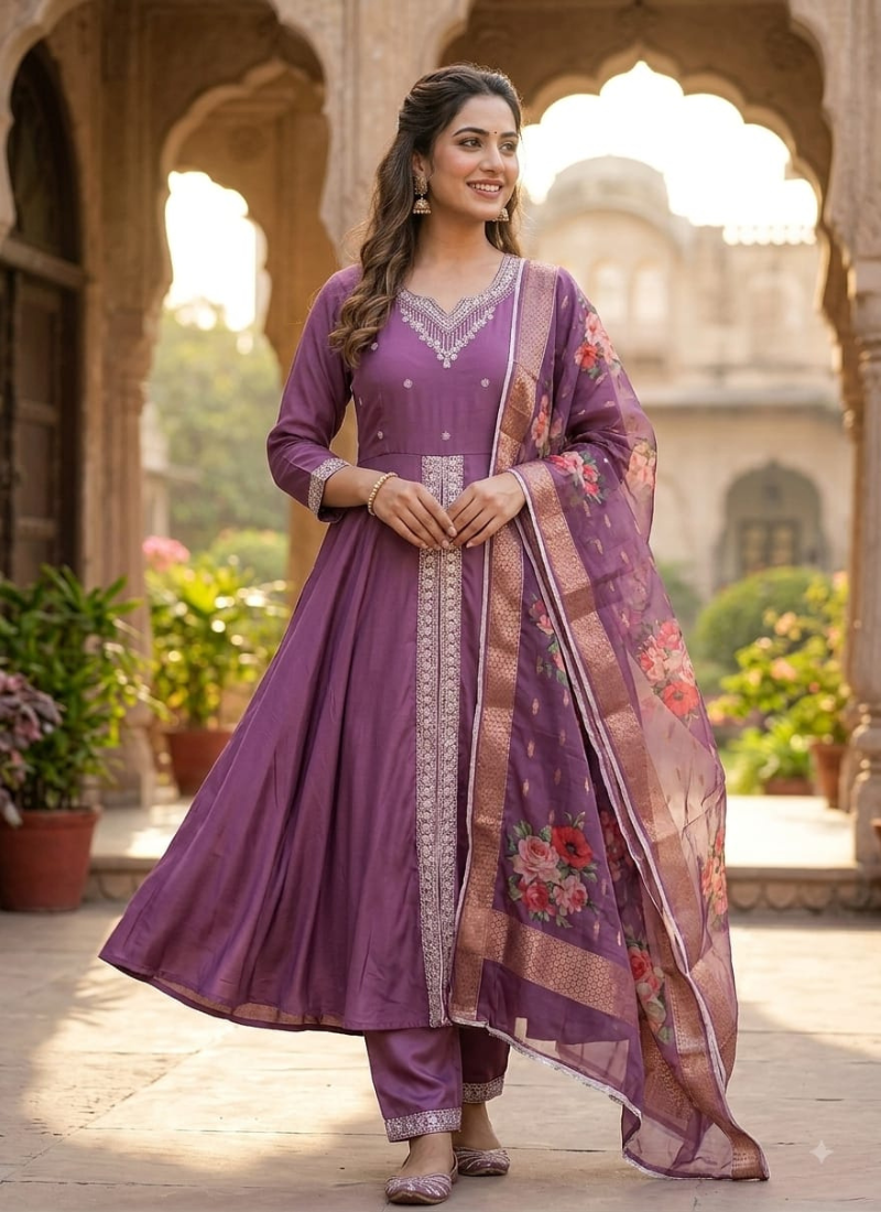 Mauve Purple Embroidered Silk Anarkali Suit Set Mauve Purple Embroidered Silk Anarkali Suit Set