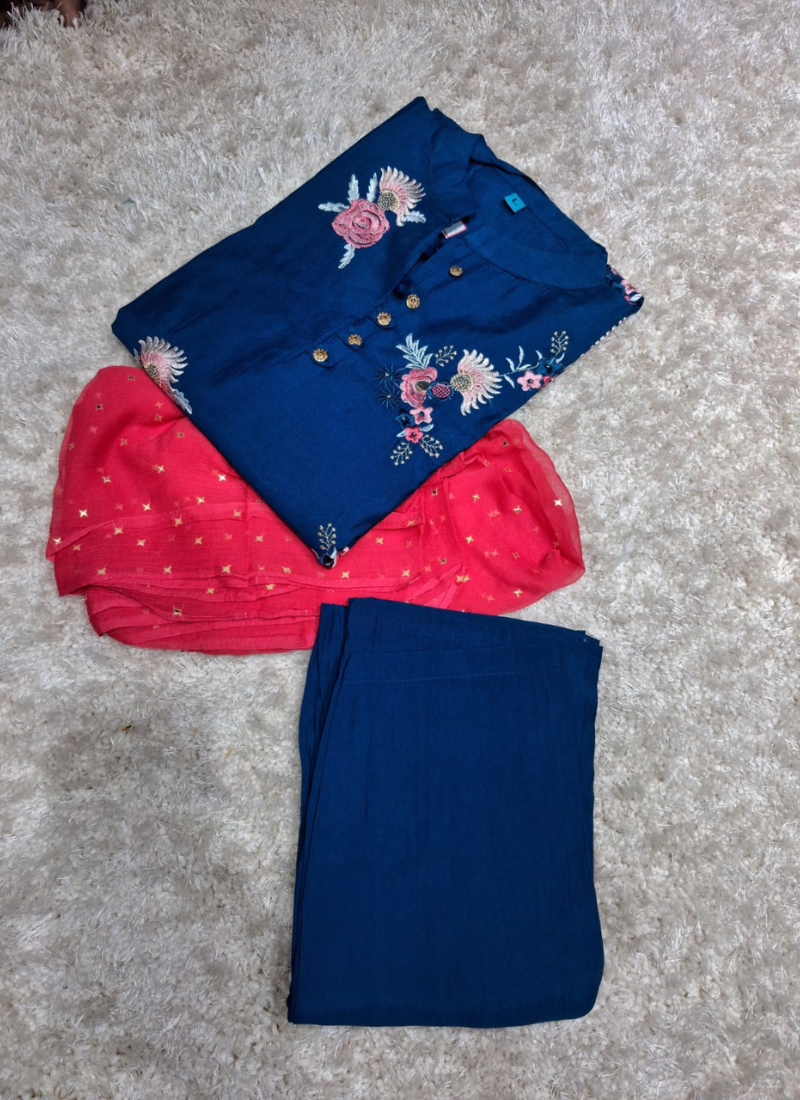 Teal Blue Floral Embroidered 3-Piece Kurta Set 2