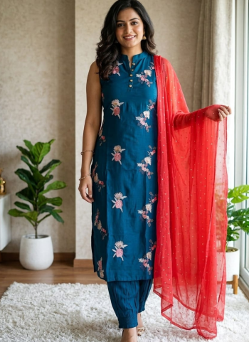 Teal Blue Floral Embroidered 3-Piece Kurta Set